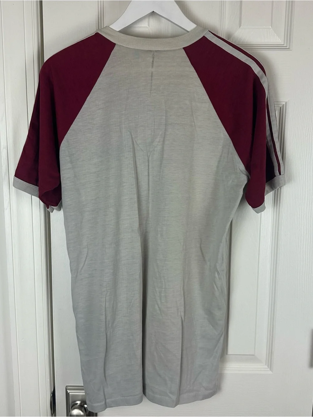 Vintage 80’s Adidas Gray Tee with Burgundy Raglan Sleeves and Trefoil Logo